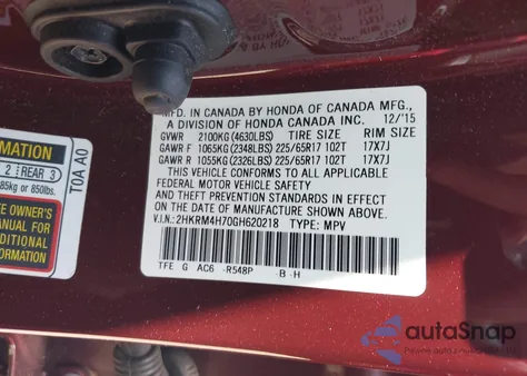 2016 Honda Cr-V Ex-L из США, поврежденный, VIN 2HKRM4H70GH620218